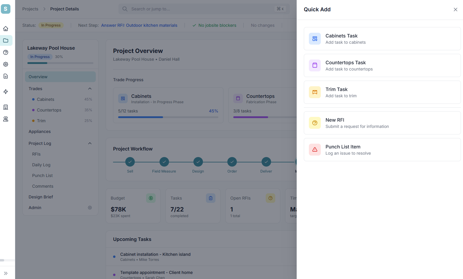 Scaftra trade workflow view showing CYA score and proof tracking