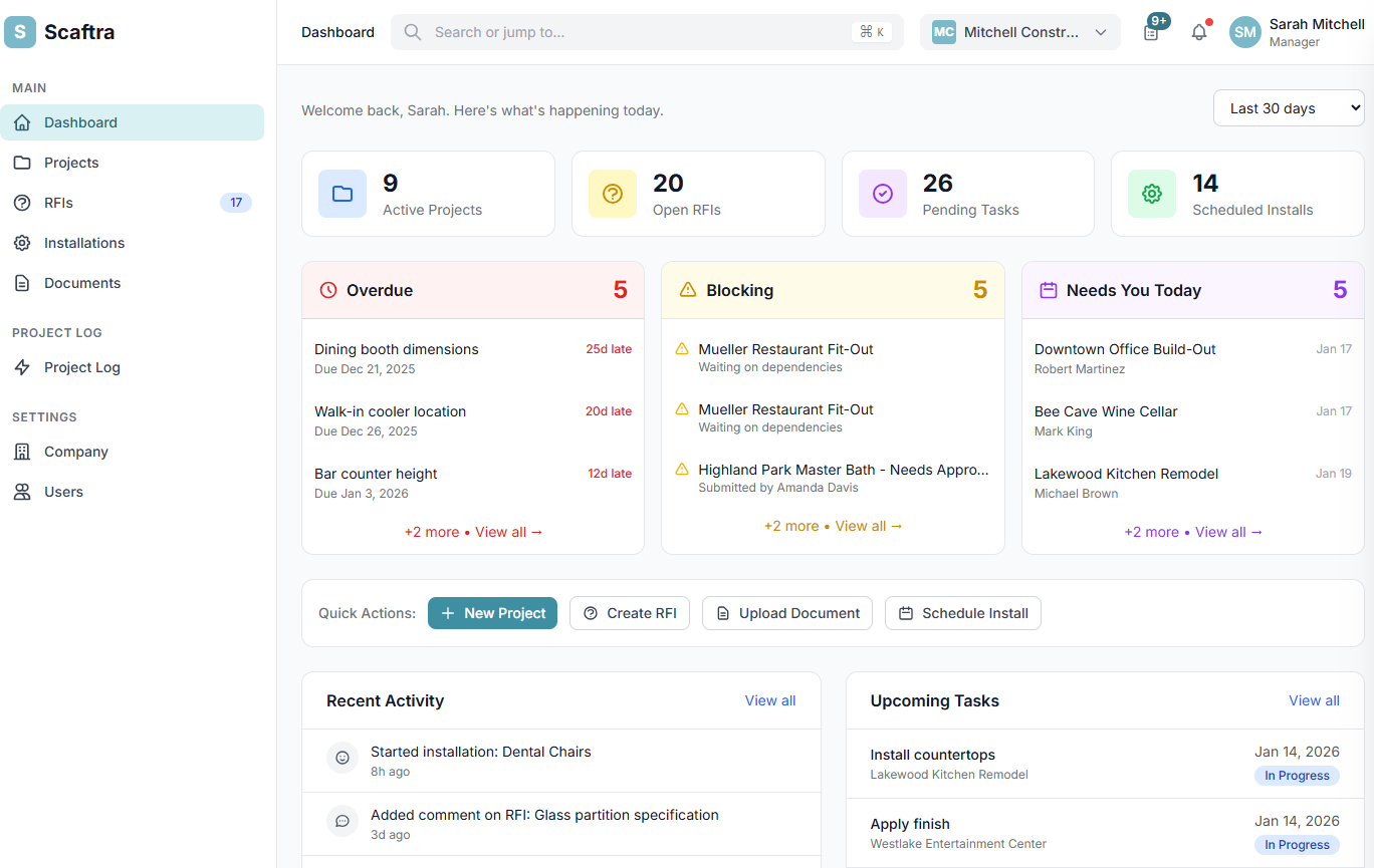 Scaftra dashboard showing active projects and tasks