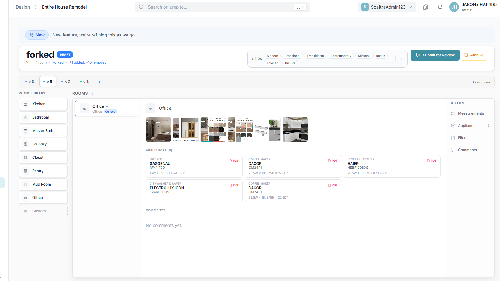 Design Workspace · versioned design round with appliances per room