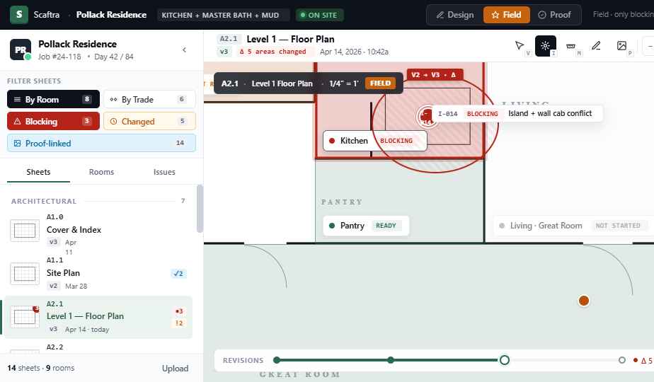 Field mode · Level 1 floor plan with blocking issues