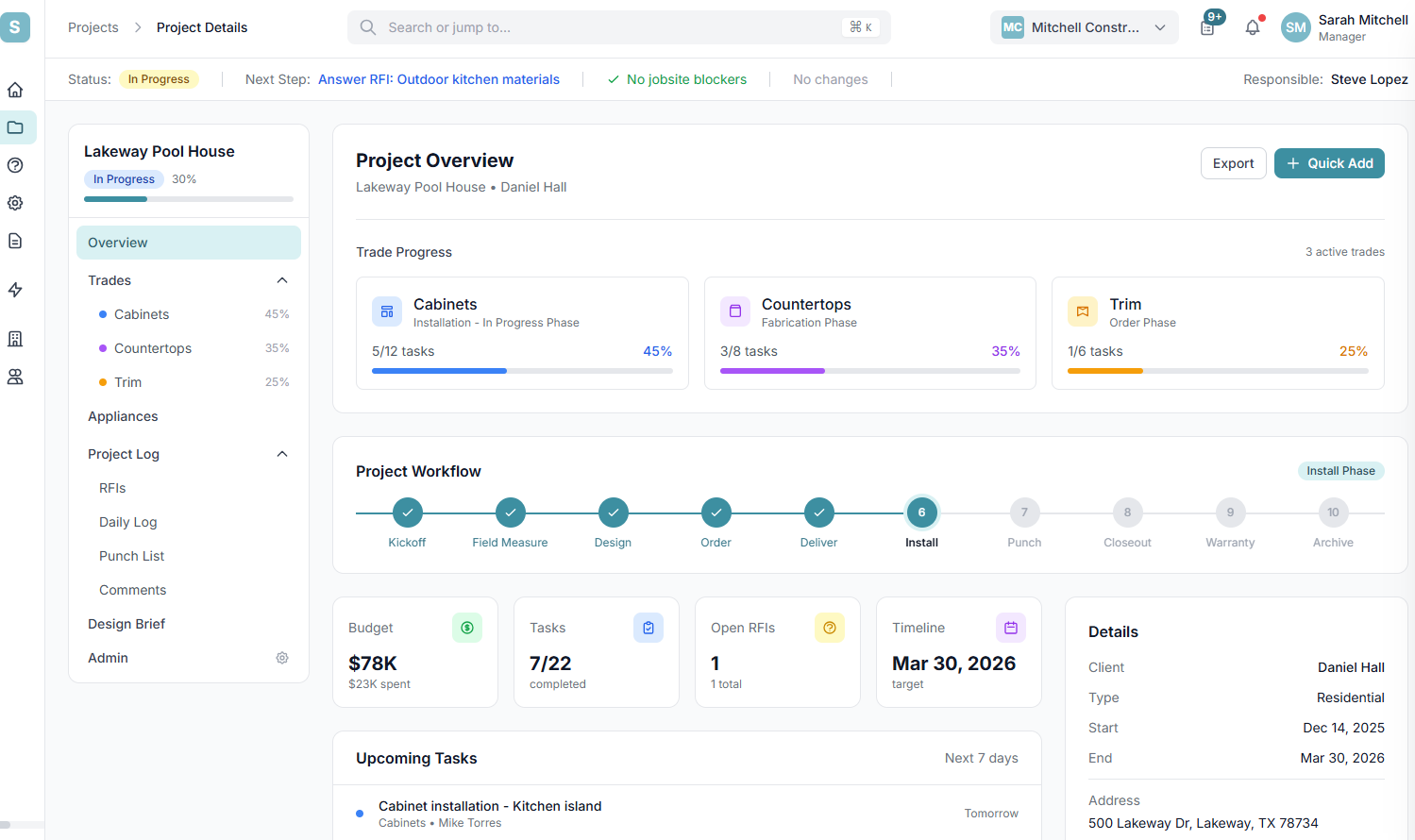 Scaftra project overview with trade progress